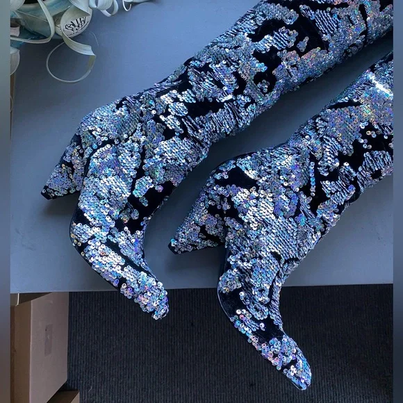 Free People Midnight Party Velvet Sequin Scrunch Boots Heels 38 7.5 festival - Picture 15 of 15